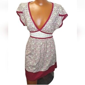 Decree Y2K Babydoll Tunic Juniors XL Magenta Red Pokadot Floral Lacey Trim Belt